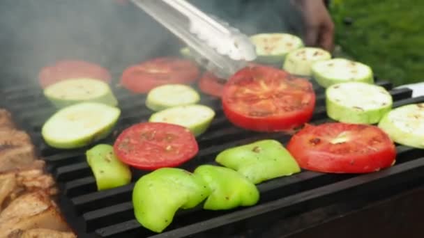 Cocinero Prepara Hortalizas Con Carne Parrilla Asar Fuego Vídeo — Vídeos de Stock