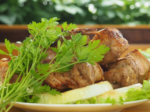 Pincho Cerdo Con Montón Perejil Fresco Plato Carne Parrilla Preparada — Foto de Stock