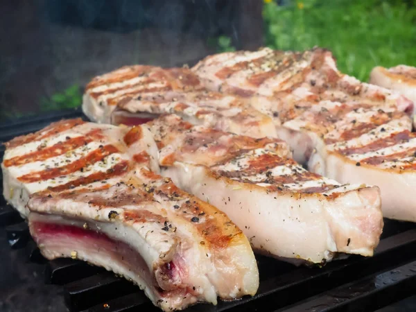 Filetes Cerdo Hueso Parrilla Deliciosos Filetes Lomo Cerdo Hueso —  Fotos de Stock