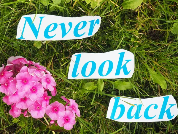 English proverb. an inscription of carved letters on the grass. never look back