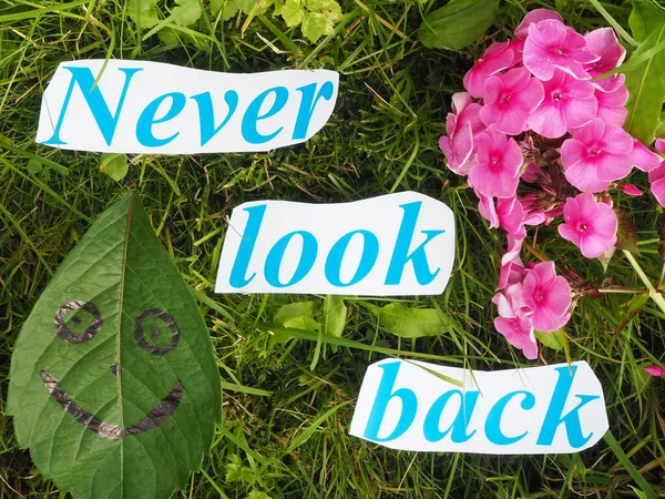 English proverb. an inscription of carved letters on the grass. never look back