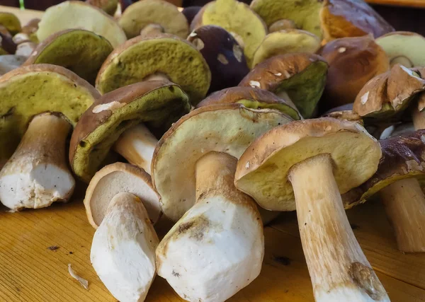 porcini mushrooms on a wooden table. texture. poster.