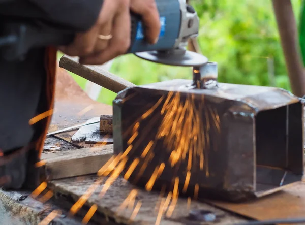 Man Handles Metal Angle Grinder Sparks Metal — Stock Photo, Image