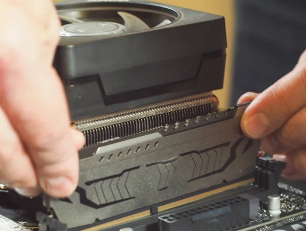 RAM kurulumu. Kişisel bir bilgisayarın montajı. atölye.