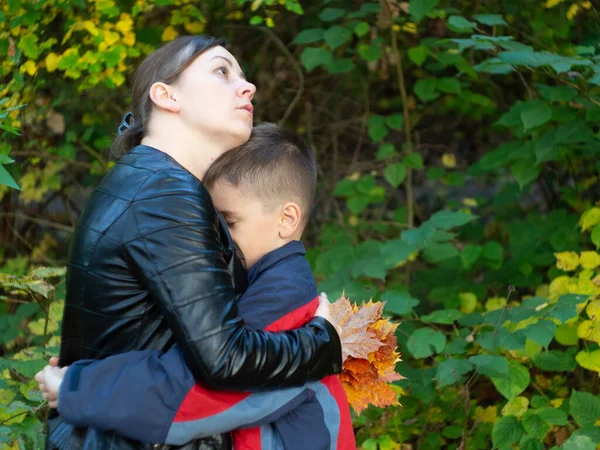 son kisses mother in the Park. children\'s love for their parents. walk in the Park. family happiness