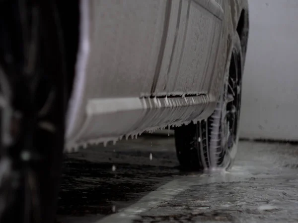 car in foam auto shampoo. self-service car wash. black disks in foam.