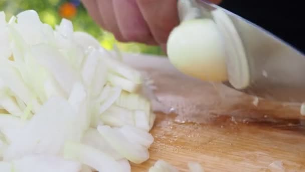 Hagymát szeletelni egy táblán. a szakács gyorsan rázza a hagymát — Stock videók
