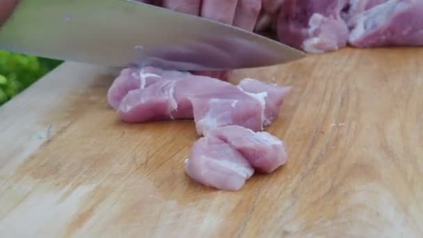 Het snijden van vers vlees op een houten plank. gesneden varkensvlees plakjes. picknick in de natuur — Stockvideo