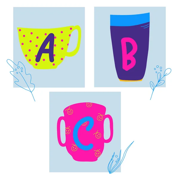 Letters Abc Cups Cartoon Quirky Style Hand Drawn Alphabet Cards — Stock Vector