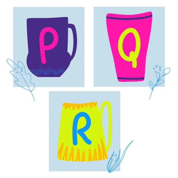 Letters Cups Cartoon Quirky Style Hand Drawn Alphabet Cards Education — Stock Vector