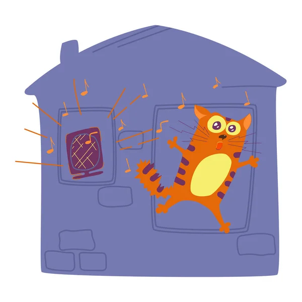 Ginger Tabby Crazy Cat Van Luid Muziekgeluid Bakstenen Huis Hand — Stockvector