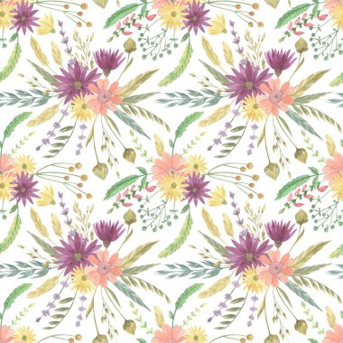 Kır çiçekleri ve otlar suluboya tarzında sorunsuz çiçek desenli. Kumaşlar, Ambalaj Kağıt, ambalaj, vb. için mükemmel arka plan