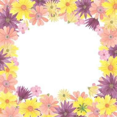 Suluboya çerçeve kenarlığı. Mor, pembe ve sarı çiçek dalları, yaprakları, yeşillik. Düğün, davetiye, tebrik kartları, arama, tırnak, desen, logolar, yazı, vb. için mükemmel