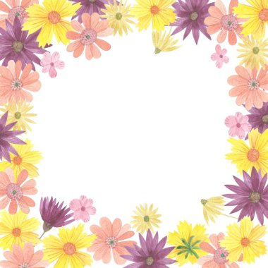 Suluboya çerçeve kenarlığı. Mor, pembe ve sarı çiçek dalları, yaprakları, yeşillik. Düğün, davetiye, tebrik kartları, arama, tırnak, desen, logolar, yazı, vb. için mükemmel