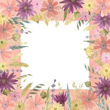Suluboya çerçeve kenarlığı. Mor, pembe ve sarı çiçek dalları, yaprakları, yeşillik. Düğün, davetiye, tebrik kartları, arama, tırnak, desen, logolar, yazı, vb. için mükemmel