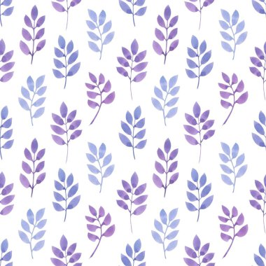 Seamless modeli mavi yaprakları ve çiçekleri suluboya tarzında. Kumaş ya da kağıt için mükemmel arka plan.