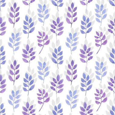 Seamless modeli mavi yaprakları ve çiçekleri suluboya tarzında. Kumaş ya da kağıt için mükemmel arka plan.