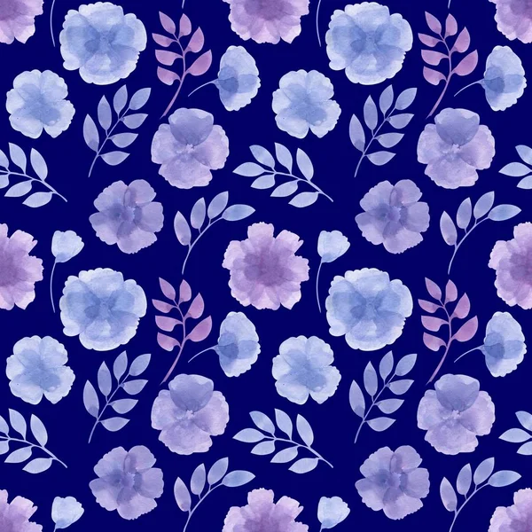Seamless pattern of blue leaves and flowers in watercolor style. Excellent background for fabric or paper.