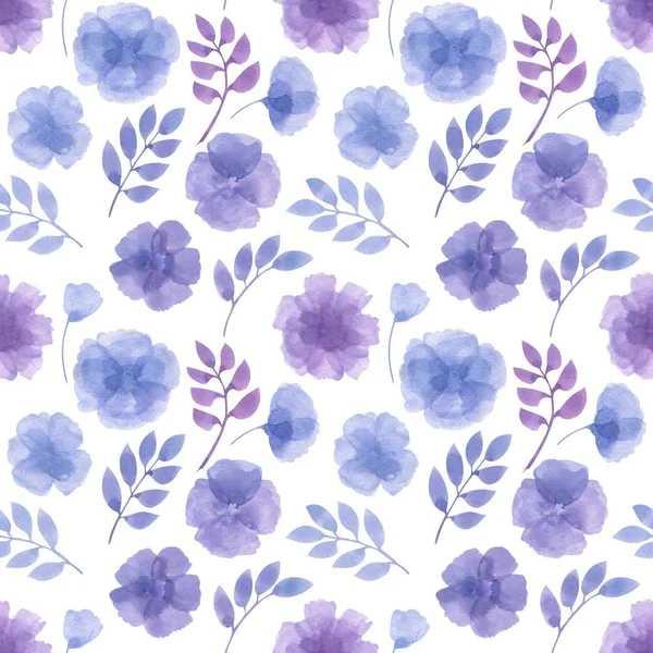 Seamless pattern of blue leaves and flowers in watercolor style. Excellent background for fabric or paper.