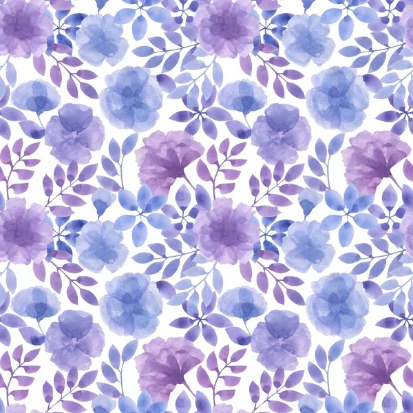 Seamless Pattern Blue Leaves Flowers Watercolor Style Excellent Background Fabric — Stock Photo, Image