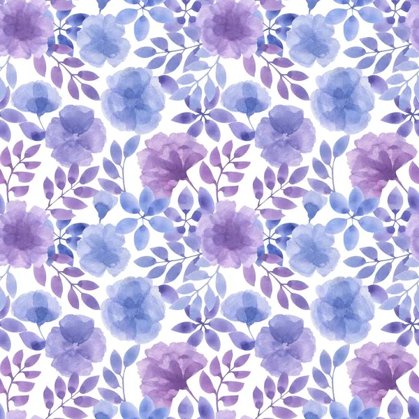 Seamless pattern of blue leaves and flowers in watercolor style. Excellent background for fabric or paper.