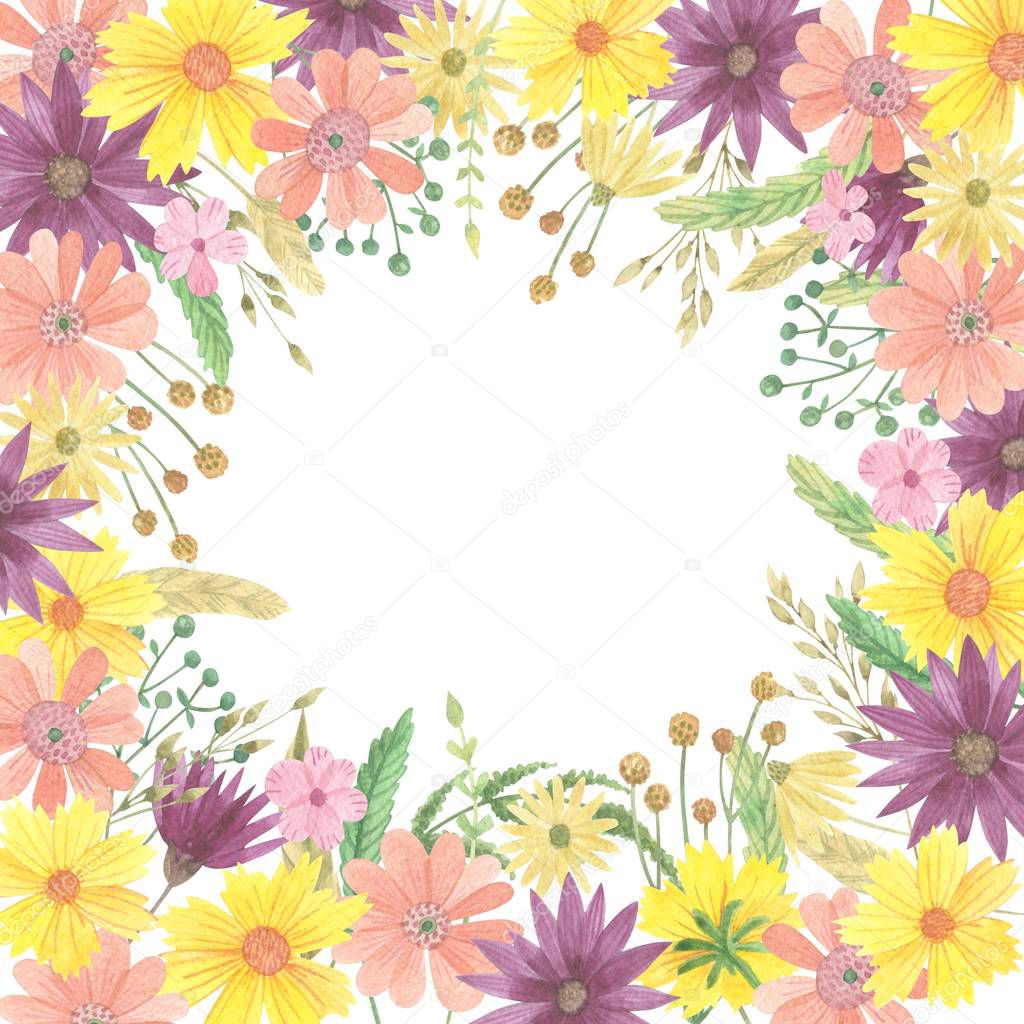 Watercolor frame border. Purple, pink and yellow flowers with branches, leaves, foliage. Perfect for wedding, invitations, greeting cards, dial, quotes, pattern, logos, lettering, etc