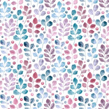 Sulu boya yeşil, mavi ve pembe yaprak, çilek ve beyaz arka plan, dallarda ile Seamless modeli çizilmiş resim ver. Arka plan kumaş, kağıt vb. için mükemmel.