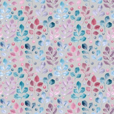 Sulu boya yeşil, mavi ve pembe yaprak, çilek ve mavi arka plan, dallarda ile Seamless modeli çizilmiş resim ver. Arka plan kumaş, kağıt vb. için mükemmel.