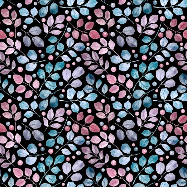 Seamless pattern with watercolor green, blue and pink leaves, berries and branches on black background, hand drawn image. The background is perfect for fabric, paper, etc.