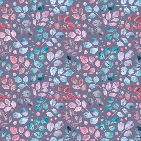 Seamless Pattern Watercolor Green Blue Pink Leaves Berries Branches Hand — Stock Photo, Image