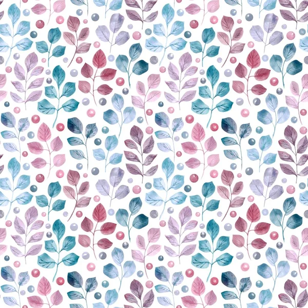 Seamless Pattern Watercolor Green Blue Pink Leaves Berries Branches White — Stock Photo, Image