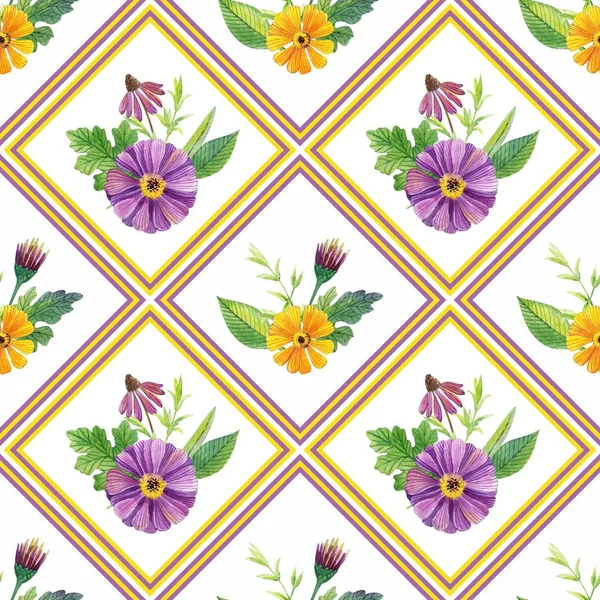 Seamless Wallpaper Violet Yellow Flowers White Background Watercolor Painting — Stock Photo, Image