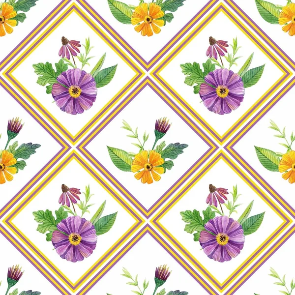 Seamless wallpaper with violet and yellow flowers on white background. Watercolor painting.