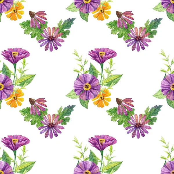 Seamless wallpaper with violet and yellow flowers on white background. Watercolor painting.