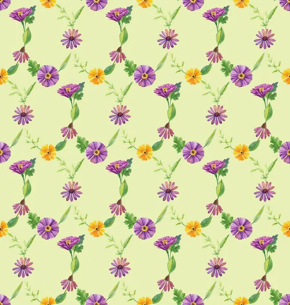 Papel Parede Sem Costura Com Flores Violetas Amarelas Sobre Fundo — Fotografia de Stock