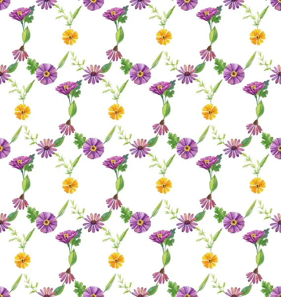 Papel Parede Sem Costura Com Flores Violetas Amarelas Sobre Fundo — Fotografia de Stock