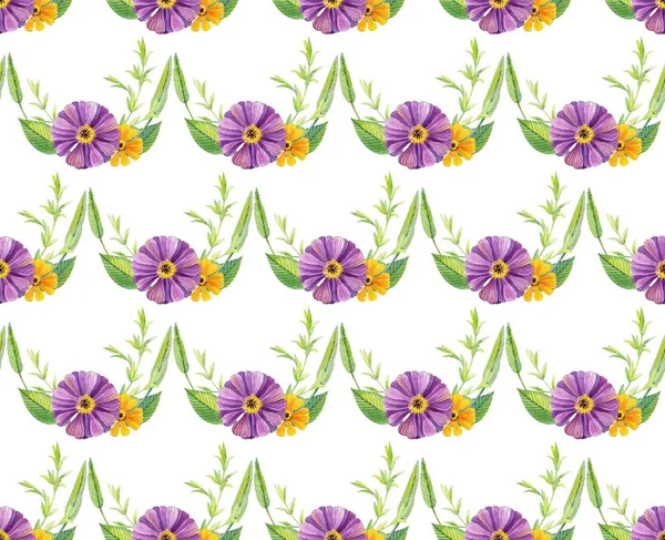 Papel Parede Sem Costura Com Flores Violetas Amarelas Sobre Fundo — Fotografia de Stock