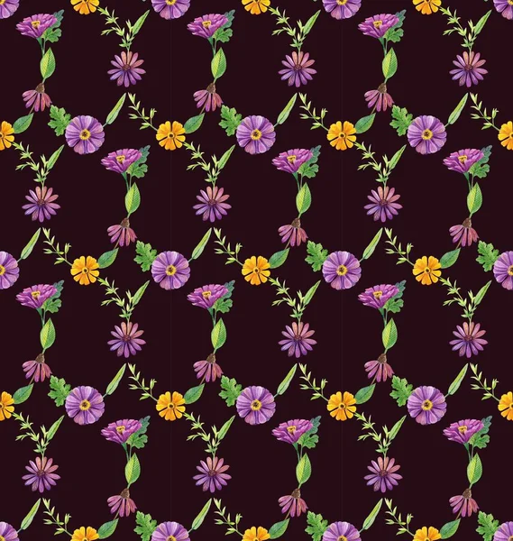 Fondo Pantalla Transparente Con Flores Violetas Amarillas Sobre Fondo Negro — Foto de Stock