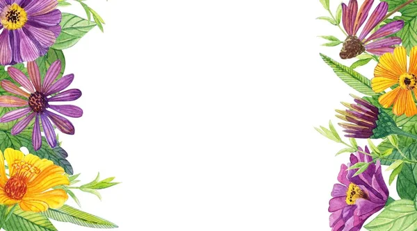 Горизонтальна Рамка Букетом Садових Квітів Запрошень Привітань Візиток — стокове фото