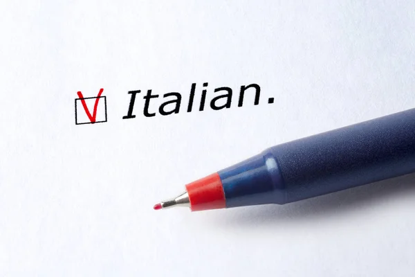 Parola Italiano Stampata Sfondo Bianco Segno Spunta Rosso Contrassegnato Nel — Foto Stock