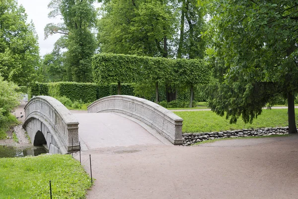 Stenbron Med Båge Över Strömmen Parken Sommaren Solig Dag — Stockfoto