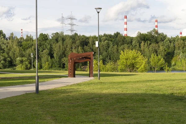 Gräsmatta Kraftledning Sommar Park Solig Dag — Stockfoto