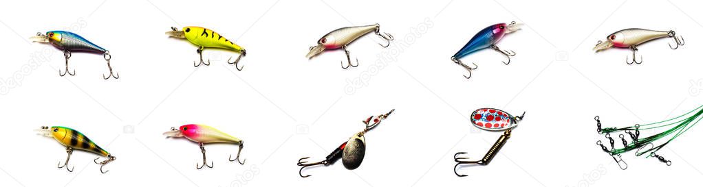 Collection of fishing lures on white background, lures, lures and leashes.