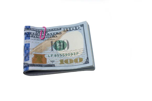 Συσκευασία Των Εκατό Δολαρίων Λογαριασμούς Λευκό Φόντο Τραπεζικής Χρήματα Στερεώνεται — Φωτογραφία Αρχείου
