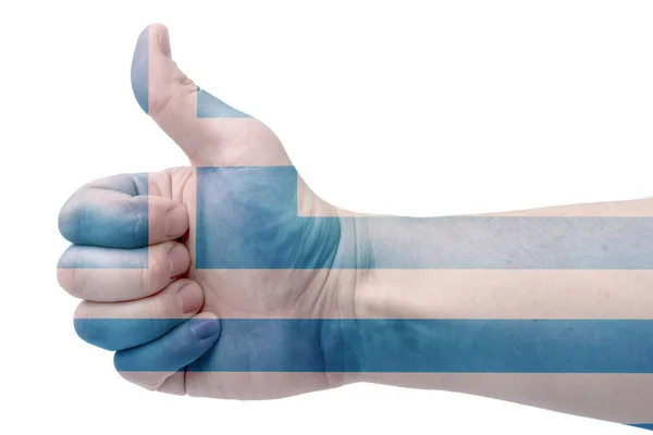 希腊的旗帜和手与拇指 隔离在白色背景上 — 图库照片