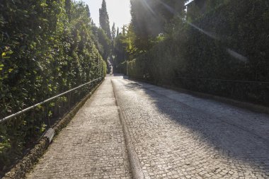 Villa D'este yollarında bir güneşli yaz gününde. Cazibe Tivoli şehir.