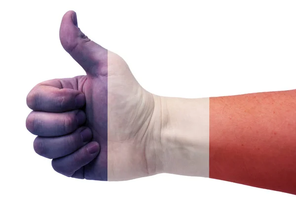 Концепция Франции Рука Дает Большой Палец Вверх Флагом Франции Рука — стоковое фото