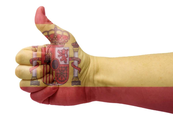 Conceito Espanha Mão Polegar Para Cima Com Bandeira Espanha Mão — Fotografia de Stock