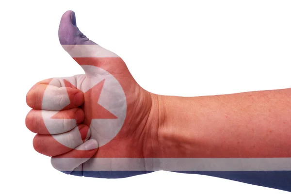 North Korea Concept Hand Raises Thumb North Korea Flag Hand — Stock Photo, Image