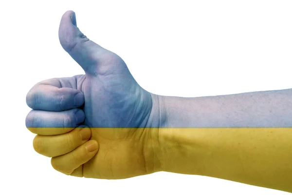 Concepto Mano Ucrania Levanta Pulgar Con Bandera Ucrania Mano Bandera — Foto de Stock